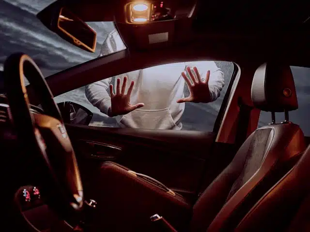 mains pressées contre vitre de voiture, scène évoquant urgence ou détresse
